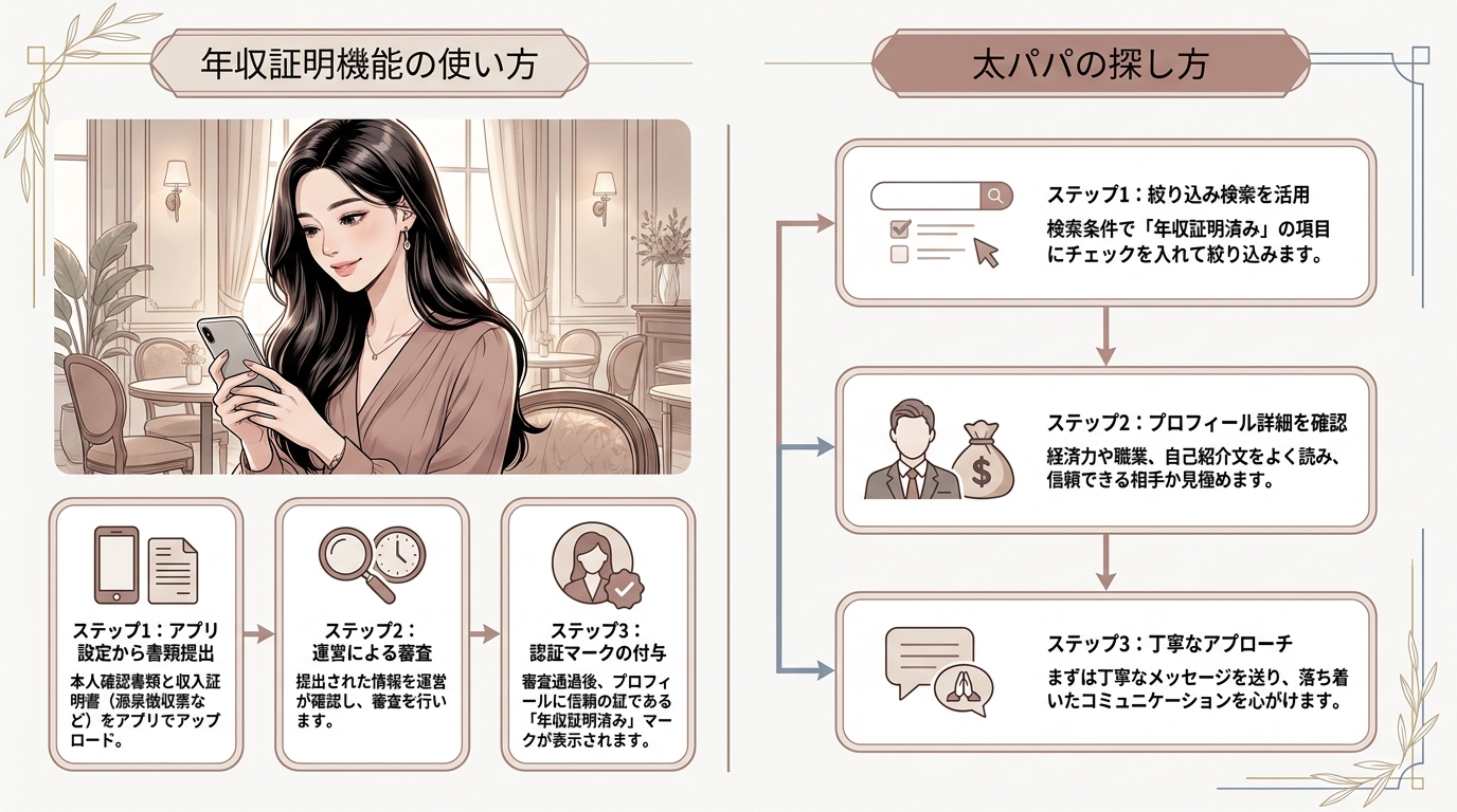 年収証明機能の使い方と太パパの探し方
