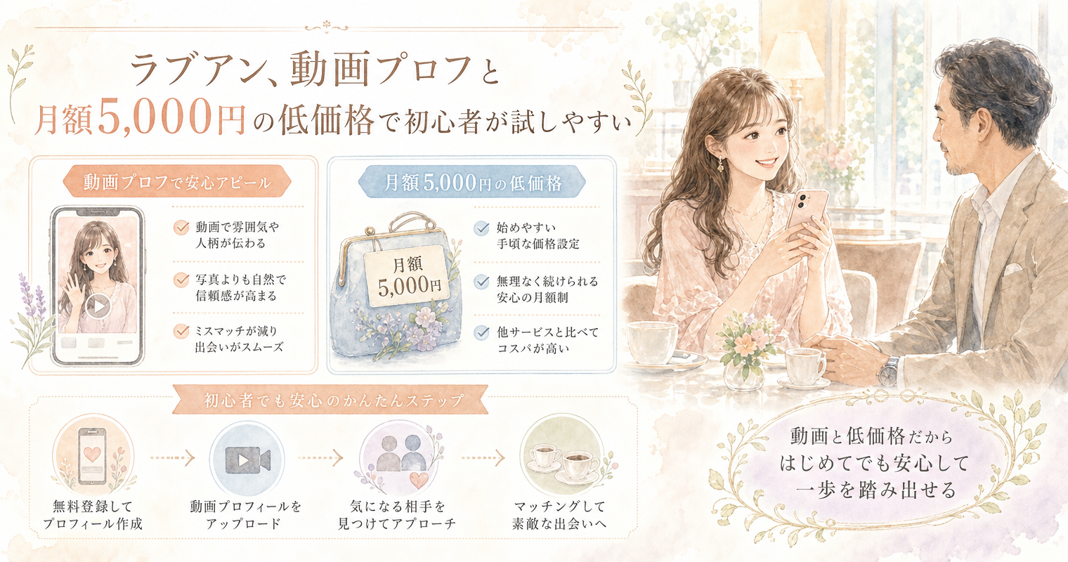 第3位：ラブアン、動画プロフと月額5,000円の低価格で初心者が試しやすい