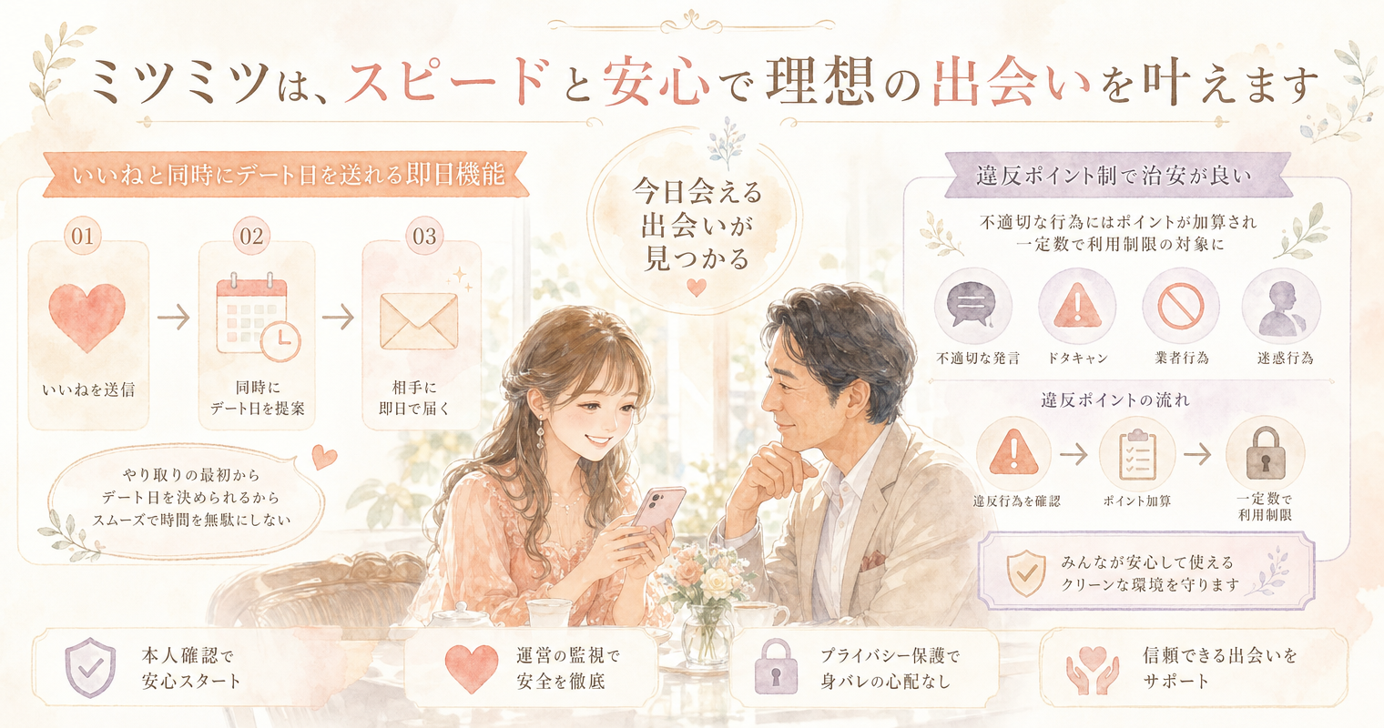 第4位：ミツミツ、いいねと同時にデート日を送れる即日機能、違反ポイント制で治安が良い