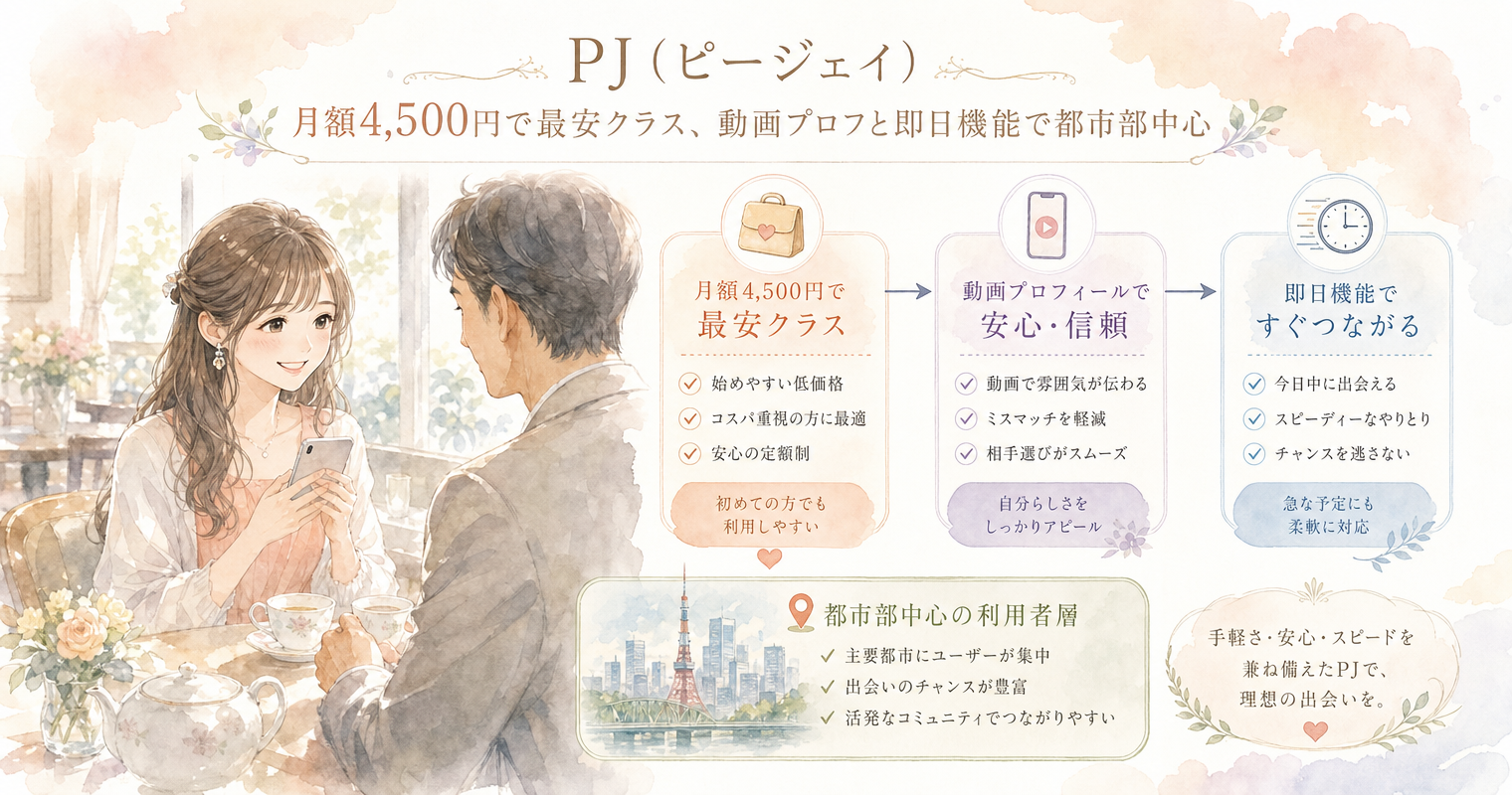 第6位：PJ（ピージェイ）、月額4,500円で最安クラス、動画プロフと即日機能で都市部中心