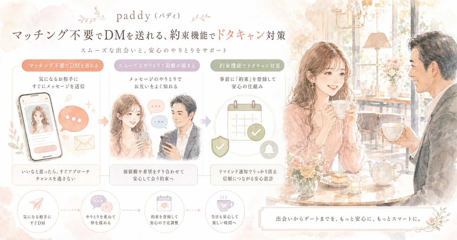 第7位：paddy（パディ）、マッチング不要でDMを送れる、約束機能でドタキャン対策